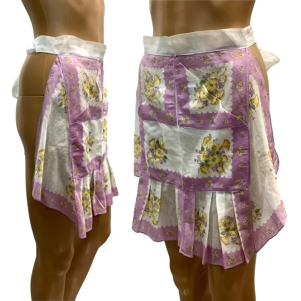 Vintage 50s Lilac Floral Hankie Apron Handmade Sheer Hostess Tea Apron